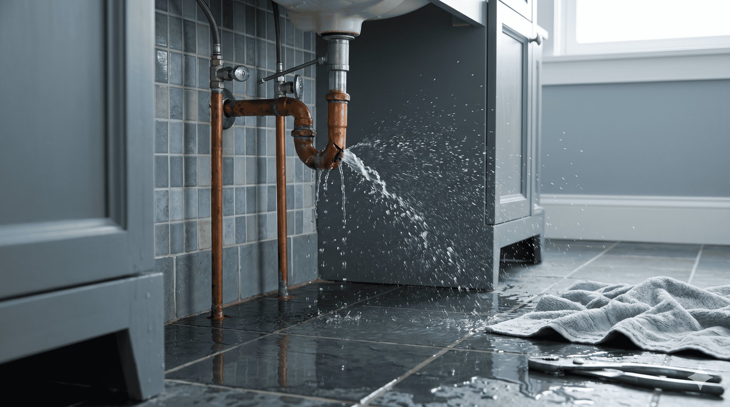Burst copper water pipe spraying water under a residential sink