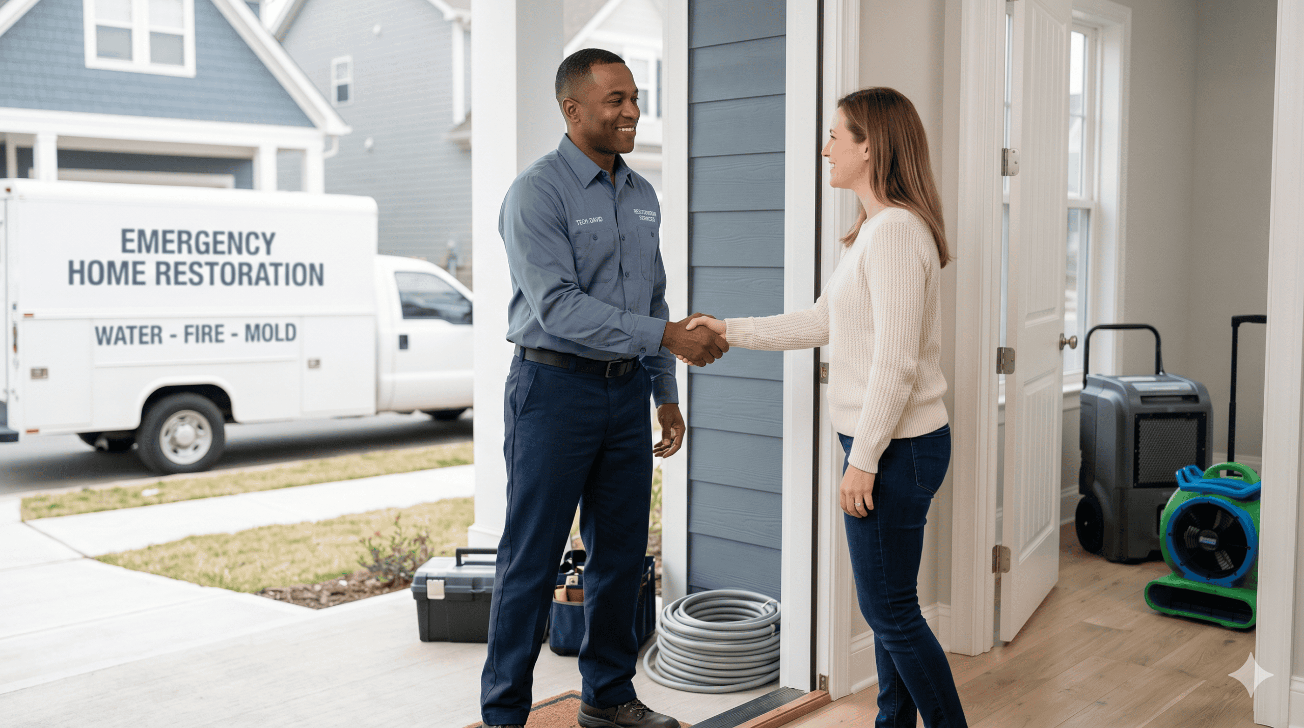 Restoration technician shaking hands with a homeowner at the front door