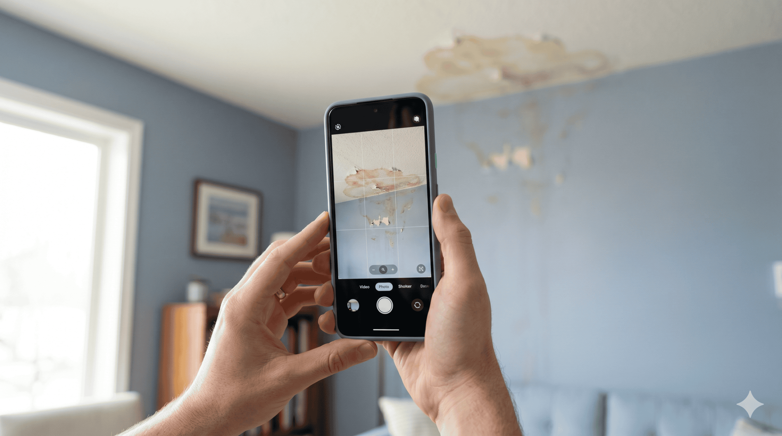Smartphone photographing water-stained ceiling to document a water damage insurance claim