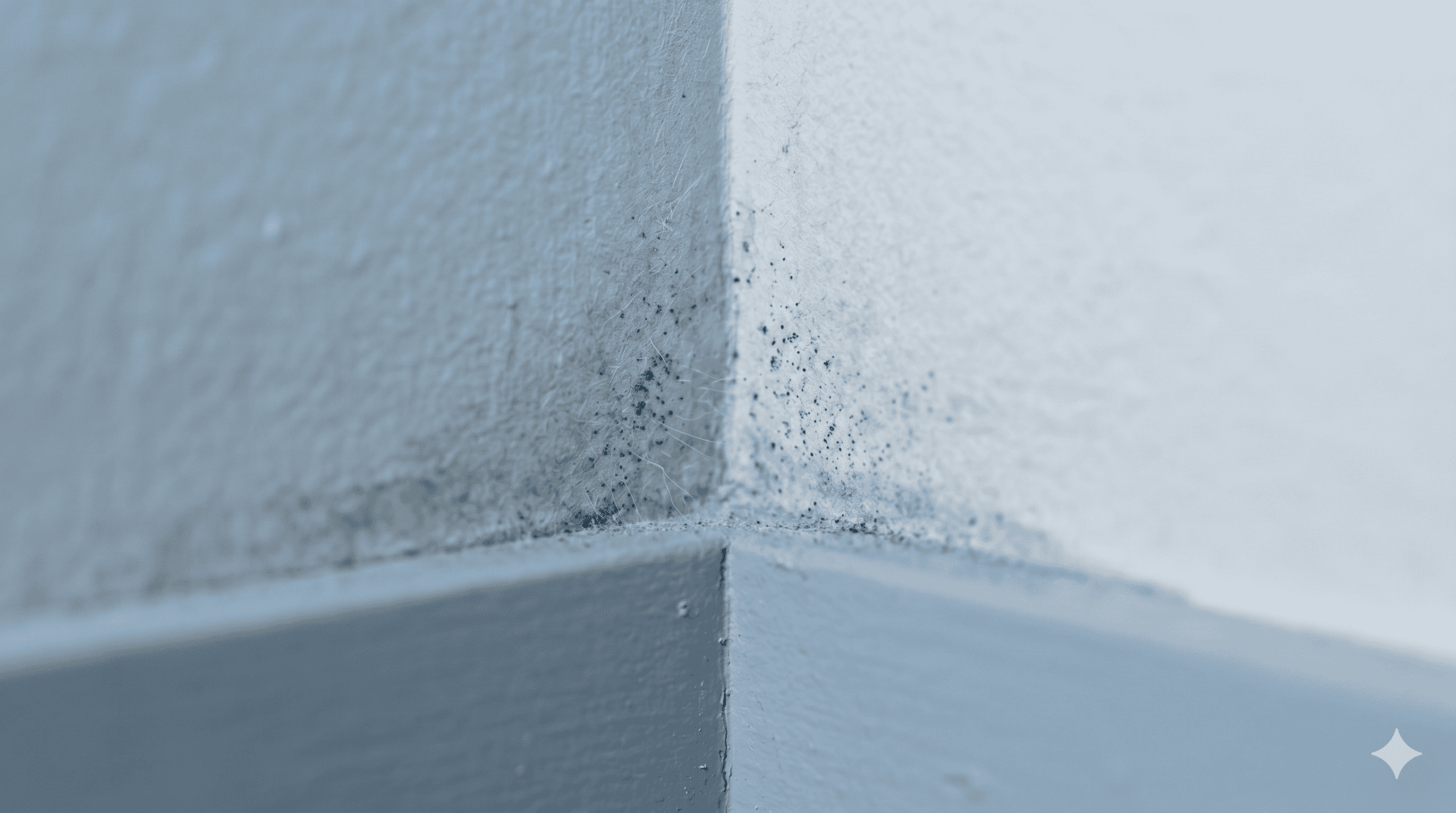 Early mold growth forming at the base of a damp drywall corner illustrating the formation of Mold after Water Damage
