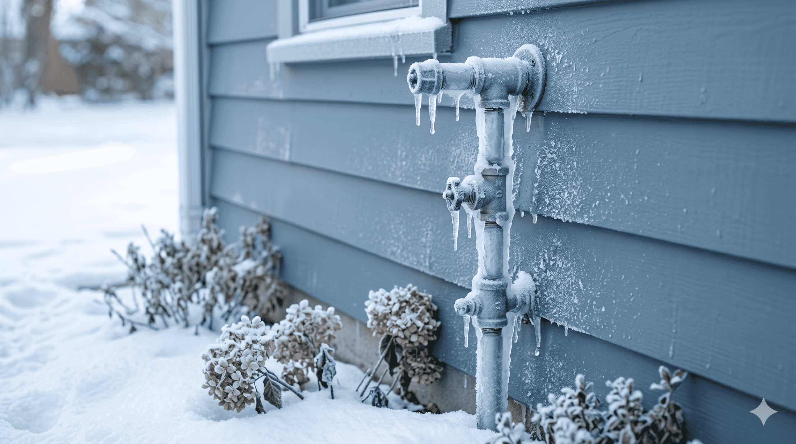 Frozen residential water pipe with ice formation during winter