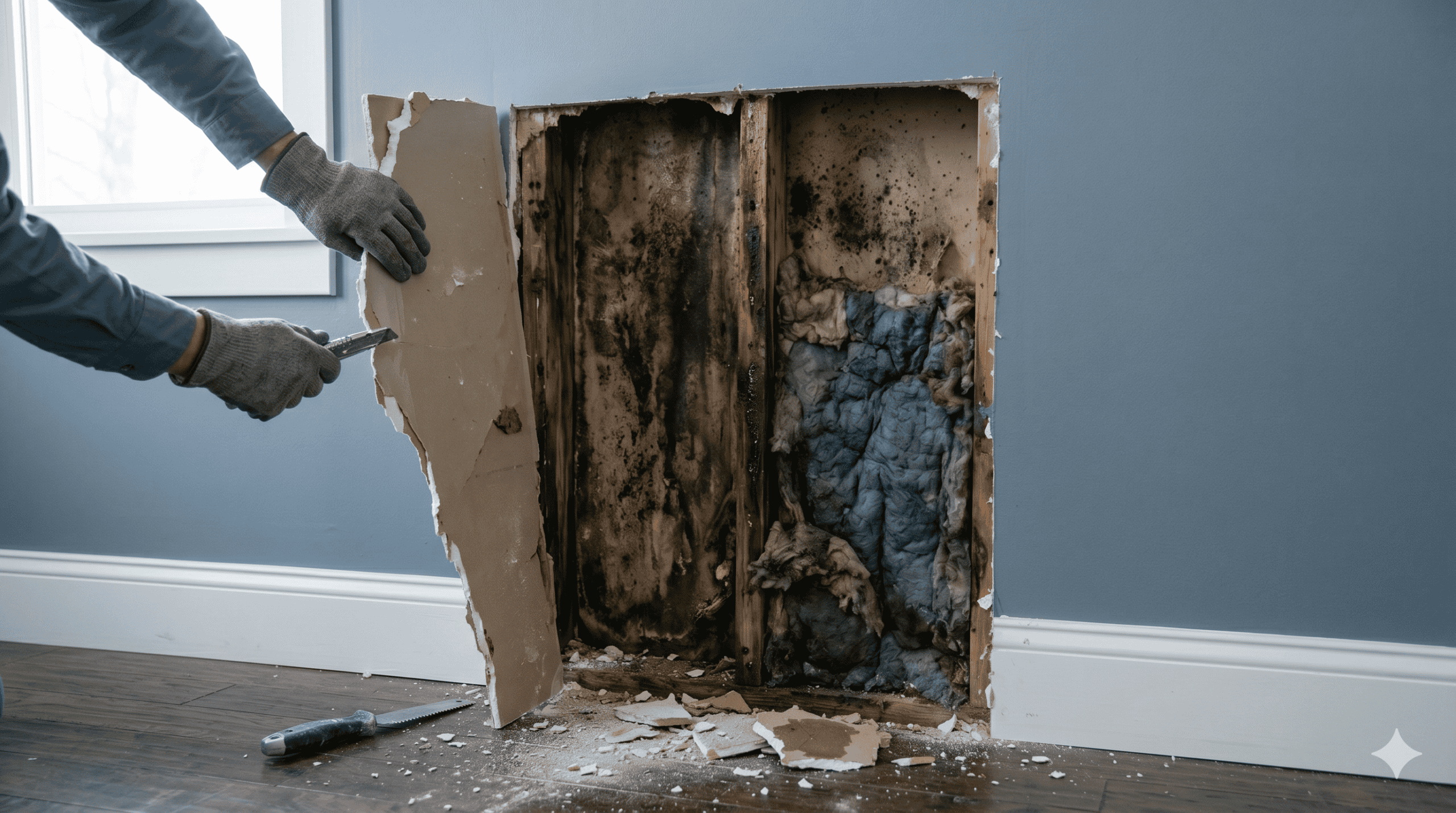 Hidden water damage and moisture revealed inside a wall cavity behind drywall illustrating the cost of delaying water damage restoration