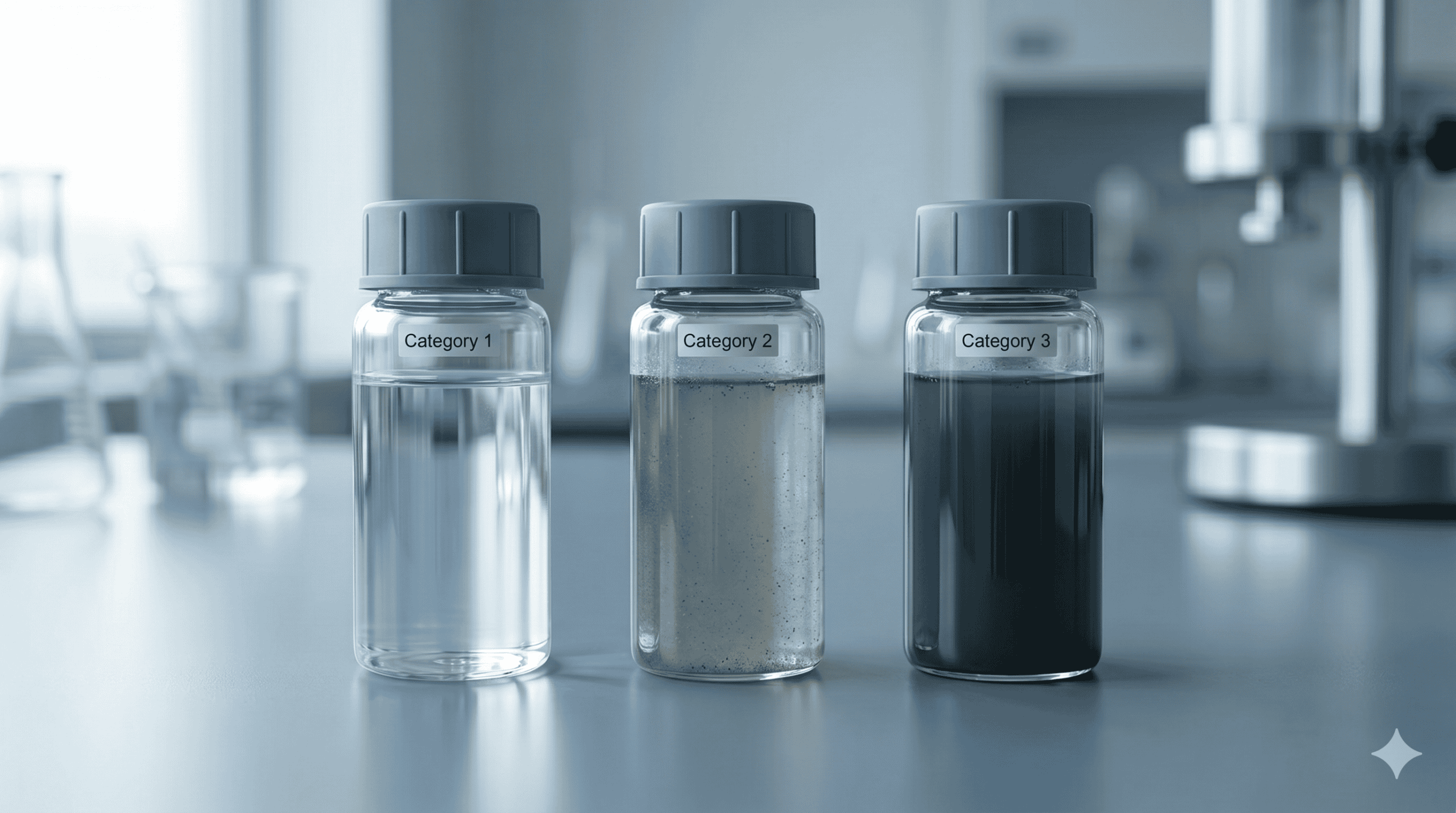 Three water samples showing clean, gray, and black water damage categories
