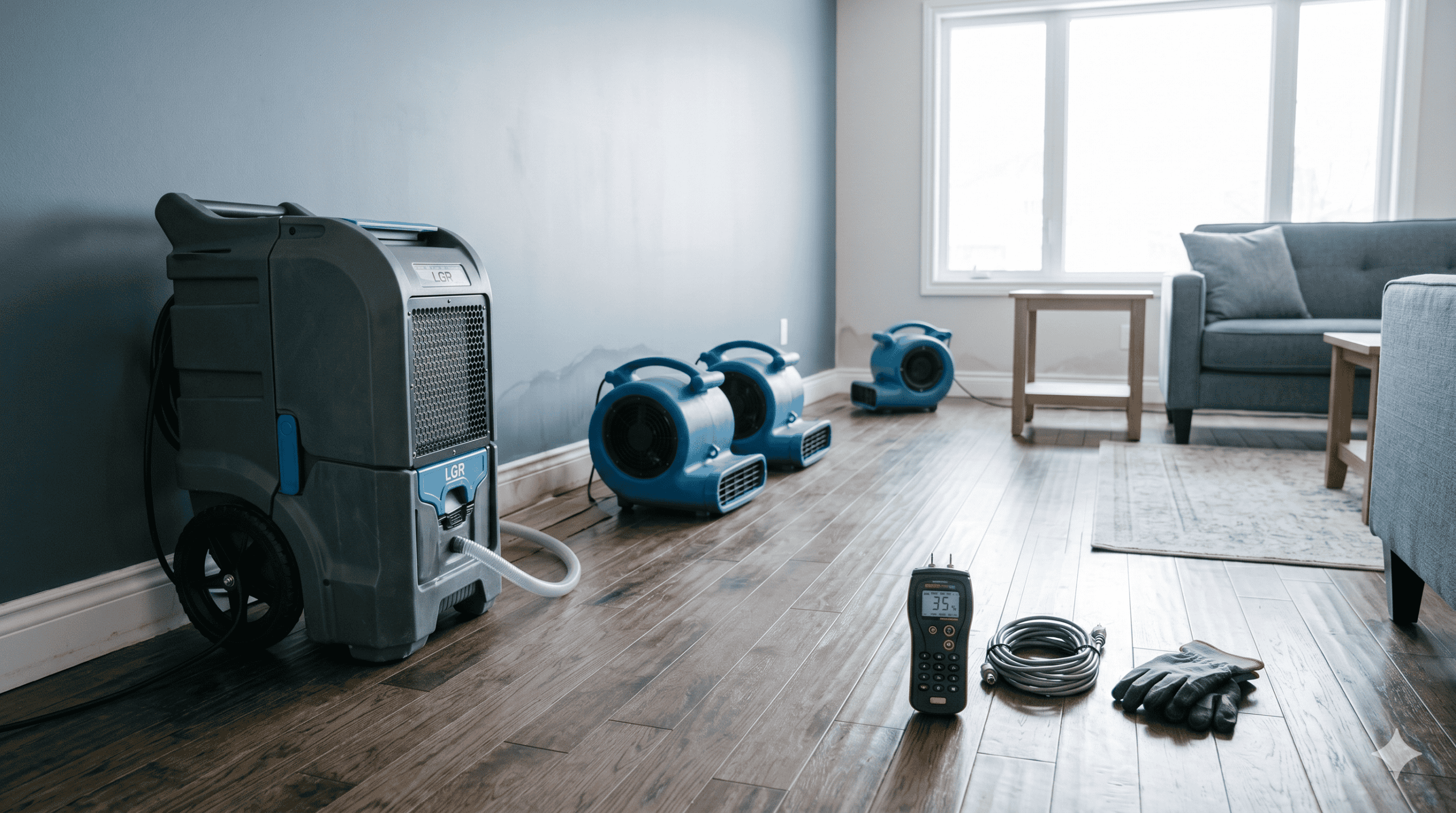 Water damage drying equipment running in a residential room