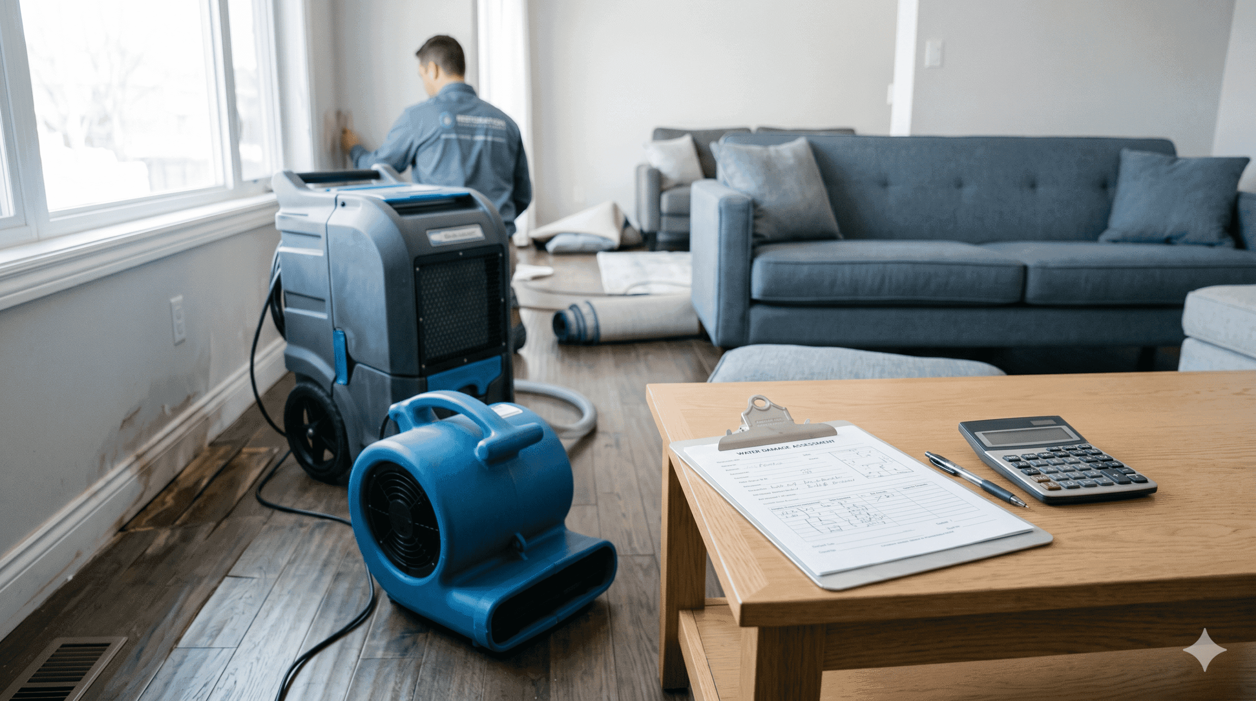 Water damage restoration cost assessment with drying equipment in a living room